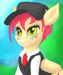 Size: 720x864 | Tagged: safe, artist:rain-hatchett, imported from derpibooru, oc, oc only, oc:summer rain, pegasus, pony, cap, clothes, female, grin, hat, human teeth, smiling, solo