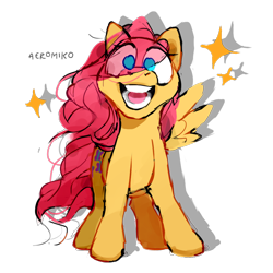 Size: 1000x1000 | Tagged: safe, artist:aeromiko, imported from derpibooru, fluttershy, pony, eye clipping through hair, female, looking at you, no pupils, one wing out, open mouth, simple background, smiling, solo, standing, stars, transparent background