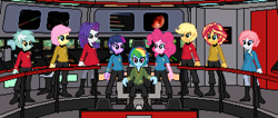 Size: 710x300 | Tagged: safe, artist:rds9674, imported from derpibooru, applejack, fluttershy, lyra heartstrings, nurse redheart, pinkie pie, rainbow dash, rarity, sunset shimmer, twilight sparkle, equestria girls, humane five, humane seven, humane six, pixel art, short hair, star trek