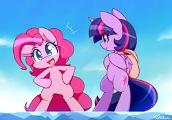 Size: 1080x756 | Tagged: safe, artist:dshou, imported from derpibooru, pinkie pie, twilight sparkle, alicorn, earth pony, pony, semi-anthro, backpack, bipedal, cute, diapinkes, parody, smiling, twiabetes, twilight sparkle (alicorn)