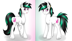 Size: 3500x2000 | Tagged: safe, artist:puggie, artist:renaphin, imported from derpibooru, oc, oc only, oc:sil feather, oc:silky feather, pony, unicorn, rule 63, simple background