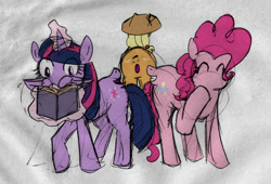 Size: 700x476 | Tagged: safe, artist:crowneprince, imported from derpibooru, applejack, pinkie pie, twilight sparkle, alicorn, pony, behind, book, butt, forced meme, group, meme, mouthbutt, not salmon, plot, reading, talking, twilight sparkle (alicorn), wat, what has science done, wingface, wingmouth