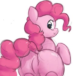 Size: 571x581 | Tagged: safe, artist:tre, imported from derpibooru, pinkie pie, pony, balloonbutt, blushing, butt, colored, cute, dock, featureless crotch, looking at you, looking back, plot, plump, raised hoof, simple background, sketch, smiling, white background