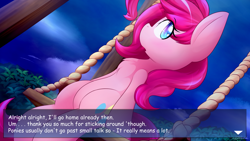 Size: 1920x1080 | Tagged: safe, artist:dshou, imported from derpibooru, pinkie pie, earth pony, pony, semi-anthro, dialogue, female, mare, open mouth, sitting, solo, swing, visual novel, yet another pinkie blog