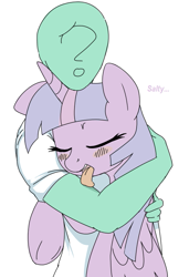 Size: 527x772 | Tagged: artist needed, safe, imported from derpibooru, twilight sparkle, oc, oc:anon, alicorn, human, horses doing horse things, hug, human fetish, licking, salty, tongue out, twilight sparkle (alicorn)