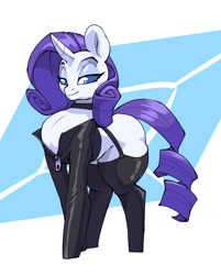 Size: 819x1017 | Tagged: safe, artist:bigdad, imported from derpibooru, rarity, pony, unicorn, choker, clothes, female, jacket, leather jacket, lidded eyes, puffed chest, smiling, socks, solo, thigh highs