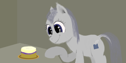 Size: 2048x1024 | Tagged: safe, artist:onil innarin, imported from derpibooru, oc, oc only, oc:slate pie, pony, cake, cute, dock, eyes on the prize, female, fluffy, food, mare, smiling, solo