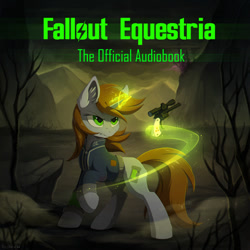 Size: 620x620 | Tagged: safe, artist:hioshiru, imported from derpibooru, oc, oc only, oc:littlepip, pony, unicorn, fallout equestria, audio book, canterlot, clothes, cover art, cutie mark, fanfic, fanfic art, female, floppy ears, glowing horn, gun, handgun, hooves, horn, jumpsuit, levitation, little macintosh, magic, mare, optical sight, pink cloud (fo:e), pipbuck, revolver, shirt, solo, telekinesis, text, vault suit, wasteland, weapon