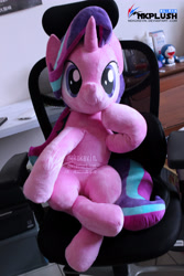Size: 3456x5184 | Tagged: safe, artist:nekokevin, imported from derpibooru, starlight glimmer, pony, unicorn, series:nekokevin's glimmy, chair, dutch angle, hoof on chin, irl, life size, lightly watermarked, looking at you, photo, plushie, raised hoof, solo, watermark