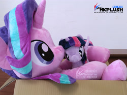 Size: 5488x4112 | Tagged: safe, artist:nekokevin, imported from derpibooru, starlight glimmer, twilight sparkle, alicorn, pony, unicorn, series:nekokevin's glimmy, 4de, absurd resolution, box, female, irl, mare, photo, plushie, size difference, smiling, spread wings, starlight's little twibird, twilight sparkle (alicorn), wings