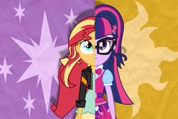Size: 12000x8000 | Tagged: safe, alternate version, artist:spottedlions, imported from derpibooru, sci-twi, sunset shimmer, twilight sparkle, equestria girls, absurd resolution, clothes, duo, glasses, jacket, shirt, split screen, two sided posters, two sides, vest