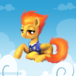Size: 600x600 | Tagged: safe, artist:piripaints, imported from derpibooru, spitfire, pegasus, pony, clothes, cloud, female, lidded eyes, looking at you, mare, prone, sky, smiling, solo, uniform, wonderbolts dress uniform