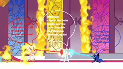 Size: 1280x720 | Tagged: safe, edit, edited screencap, imported from derpibooru, screencap, daybreaker, nightmare moon, princess celestia, pony, a royal problem, beam, beam struggle, canterlot castle, fire, lunar republic, nightmare, solar empire, stained glass, throne room