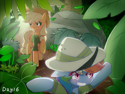 Size: 1400x1050 | Tagged: safe, artist:irenla, imported from derpibooru, applejack, rainbow dash, earth pony, pony, appledash, bottomless, clothes, cowboy hat, duo, explorer outfit, female, hat, jungle, lesbian, mare, partial nudity, raised hoof, shipping, smiling, stetson