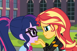 Size: 6000x4000 | Tagged: safe, artist:spottedlions, imported from derpibooru, sci-twi, sunset shimmer, twilight sparkle, equestria girls, absurd resolution, bowtie, canterlot high, clothes, comforting, courtyard, crying, duo, female, glasses, jacket, leather jacket, lesbian, ponytail, scitwishimmer, shipping, sunsetsparkle