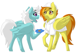 Size: 1024x719 | Tagged: safe, artist:fndomatic63, imported from derpibooru, fleetfoot, spitfire, pegasus, pony, colored pupils, duo, female, hoof hold, letter, mare, raised hoof, signature, simple background, story in the source, white background