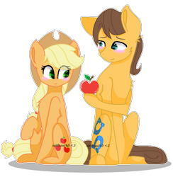 Size: 793x813 | Tagged: safe, artist:written145, imported from derpibooru, applejack, caramel, pony, apple, carajack, female, food, male, shipping, simple background, straight, transparent background