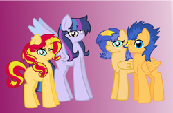 Size: 1652x1084 | Tagged: safe, artist:mississippikite, imported from derpibooru, flash sentry, sunset shimmer, oc, pony, unicorn, female, flashimmer, male, offspring, parent:flash sentry, parent:sunset shimmer, parents:flashimmer, shipping, straight