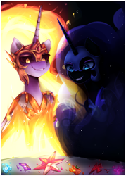 Size: 1000x1400 | Tagged: safe, artist:nutellaakanutella, imported from derpibooru, daybreaker, nightmare moon, alicorn, pony, a royal problem, broken, elements of harmony, evil grin, female, grin, mare, siblings, sisters, smiling, xk-class end-of-the-world scenario