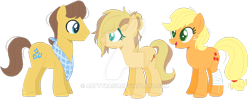 Size: 1024x407 | Tagged: safe, artist:artytrash, imported from derpibooru, applejack, caramel, oc, pony, carajack, female, male, offspring, parent:applejack, parent:caramel, parents:carajack, shipping, simple background, straight, transparent background, watermark