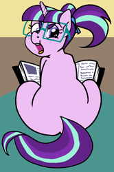 Size: 1166x1758 | Tagged: safe, artist:/d/non, imported from derpibooru, starlight glimmer, pony, unicorn, 30 minute art challenge, adorkable, angry, book, braces, butt, chubby, cute, dork, female, filly, filly starlight glimmer, freckles, glasses, looking back, nerd, plot, sitting, solo, younger