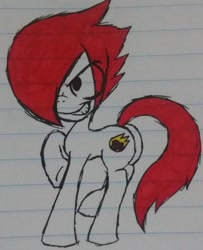 Size: 1149x1417 | Tagged: safe, derpibooru exclusive, imported from derpibooru, oc, oc only, oc:comet trail, pony, grin, lined paper, male, red mane, smiling, solo, traditional art, white coat