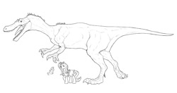 Size: 1200x633 | Tagged: safe, artist:dslycaon, imported from derpibooru, sassy saddles, dinosaur, pony, baryonyx, monochrome