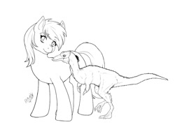 Size: 1000x768 | Tagged: safe, artist:dslycaon, imported from derpibooru, roseluck, dinosaur, pony, monochrome, mononykus olecranus