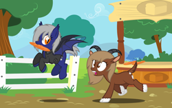 Size: 1280x805 | Tagged: safe, artist:silly-yellow-pone, imported from derpibooru, oc, oc only, oc:shade, oc:wheat tooth, bat pony, goat, pony, bread, chase, duo, food, stall, stealing, thief