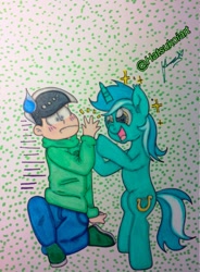 Size: 943x1280 | Tagged: safe, artist:hatsukoiart, imported from derpibooru, lyra heartstrings, human, pony, unicorn, blushing, choromatsu, crossover, osomatsu-san, smiling, traditional art