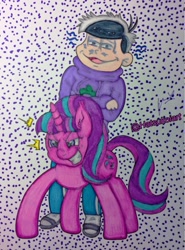 Size: 945x1280 | Tagged: safe, artist:hatsukoiart, imported from derpibooru, starlight glimmer, human, pony, unicorn, crossover, grin, ichimatsu, osomatsu-san, smiling, traditional art