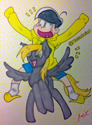 Size: 947x1280 | Tagged: safe, artist:hatsukoiart, imported from derpibooru, derpy hooves, human, pegasus, pony, crossover, grin, happy, jyushimatsu, osomatsu-san, riding, smiling, traditional art