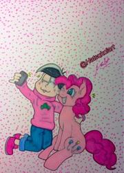 Size: 924x1280 | Tagged: safe, artist:hatsukoiart, imported from derpibooru, pinkie pie, earth pony, human, pony, crossover, grin, happy, osomatsu-san, selfie, smiling, todomatsu, traditional art