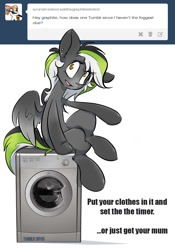 Size: 734x1046 | Tagged: safe, artist:kez, imported from derpibooru, oc, oc only, oc:graphite sketch, pegasus, pony, askthegraphitesketch, crossed legs, female, mare, pun, simple background, sitting, solo, tumblr, washing machine, white background