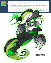 Size: 734x908 | Tagged: safe, artist:kez, imported from derpibooru, oc, oc only, oc:graphite sketch, pegasus, pony, askthegraphitesketch, bodysuit, clothes, costume, female, green lantern, gritted teeth, mare, simple background, solo, superhero, tumblr, white background