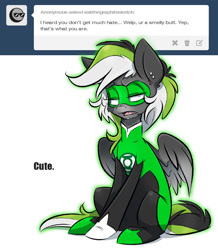 Size: 734x842 | Tagged: safe, artist:kez, imported from derpibooru, oc, oc only, oc:graphite sketch, pegasus, pony, askthegraphitesketch, bodysuit, female, green lantern, insult, mare, piercing, simple background, solo, tumblr, unimpressed, white background