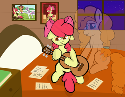 Size: 3300x2550 | Tagged: safe, artist:skyflys, imported from derpibooru, apple bloom, pear butter, earth pony, ghost, pony, the perfect pear, apple bloom's bow, bed, book, bow, crying, feels, female, filly, guitar, hair bow, mother and daughter, music, night, pear butter's ghost, picture, sad, sitting, tire swing