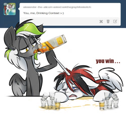 Size: 734x677 | Tagged: safe, artist:kez, imported from derpibooru, oc, oc only, oc:alexander the alicorn, oc:graphite sketch, alicorn, pegasus, pony, alcohol, alicorn oc, askthegraphitesketch, bottle, bundaberg, drinking, drunk, female, mare, simple background, tumblr, white background