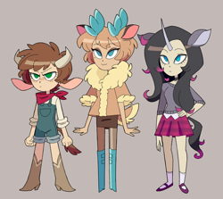 Size: 1602x1432 | Tagged: safe, artist:marreeps, imported from derpibooru, arizona cow, oleander, velvet reindeer, classical unicorn, cow, deer, human, reindeer, them's fightin' herds, :3, arizona (tfh), community related, eared humanization, horned humanization, humanized, oleander (tfh), tailed humanization, velvet (tfh)