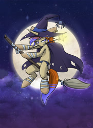 Size: 2341x3241 | Tagged: safe, artist:kez, imported from derpibooru, oc, oc only, oc:kye, pony, unicorn, broom, cape, clothes, costume, flying, flying broomstick, hat, lidded eyes, moon, mouth hold, night, solo, wand, witch, witch hat