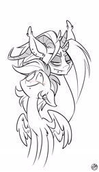 Size: 1499x2588 | Tagged: safe, artist:kez, imported from derpibooru, oc, oc only, oc:graphite sketch, oc:maximum edge, pegasus, pony, blushing, edgy, female, grayscale, mare, monochrome, multiple horns, simple background, white background