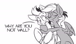 Size: 4557x2651 | Tagged: safe, artist:kez, imported from derpibooru, oc, oc only, oc:graphite sketch, oc:single file, pegasus, pony, female, grayscale, hug, mare, monochrome, simple background, unshorn fetlocks, white background