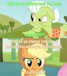 Size: 1280x1440 | Tagged: safe, imported from derpibooru, applejack, granny smith, pony, annoyed, curse of the ancients, dialogue, image macro, meme, rugrats