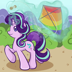 Size: 1024x1024 | Tagged: safe, artist:yoshimarsart, imported from derpibooru, starlight glimmer, pony, unicorn, female, kite, levitation, magic, raised hoof, smiling, solo, telekinesis, that pony sure does love kites, watermark