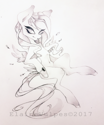 Size: 1024x1233 | Tagged: safe, artist:elainevulpes, imported from derpibooru, oc, oc only, oc:arvensis, bird pone, pegasus, pony, bracelet, female, jewelry, looking at you, mare, monochrome, smiling, solo, traditional art, yin-yang