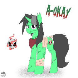 Size: 1400x1400 | Tagged: safe, artist:sanyo2100, imported from derpibooru, oc, oc only, oc:a-okay, pony, unicorn, bandage, female, looking at you, mare, new cutie mark, scar, solo, stitches, tail wrap