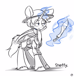 Size: 3190x3321 | Tagged: safe, artist:kez, imported from derpibooru, oc, oc only, oc:steffy, pony, unicorn, helmet, levitation, machete, magic, monochrome, neo noir, partial color, ponytail, shield, solo, telekinesis, unshorn fetlocks