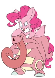 Size: 532x753 | Tagged: safe, artist:kez, imported from derpibooru, pinkie pie, earth pony, lickitung, pony, crossover, duo, female, looking down, mare, one eye closed, open mouth, open smile, pokémon, simple background, smiling, tongue envy, tongue out, white background