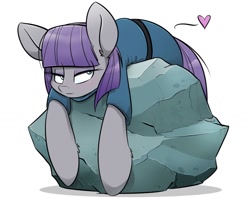 Size: 1144x904 | Tagged: safe, artist:kez, imported from derpibooru, maud pie, tom, earth pony, pony, big ears, blushing, cute, ear fluff, featured image, female, heart, leg fluff, lidded eyes, looking at you, mare, maudabetes, prone, rock, simple background, smiling, solo, sweet dreams fuel, that pony sure does love rocks, when she smiles, white background