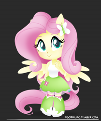 Size: 790x946 | Tagged: safe, artist:egophiliac, imported from derpibooru, fluttershy, equestria girls, chibi, cute, female, looking at you, ponied up, shyabetes, simple background, smiling, solo